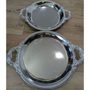 Vintage Silver Serving Trays Metal Set of 2 Ornate Japan MCM 50s 60s